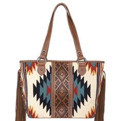 Made of tapestry fabric and PU leather, this tote has: Tapestry Aztec and Aztec embossed pattern on the front Fringe on both sides Accent with silver studs Top zipper closure Inside single compartment divided by a medium zippered pocket Inside of the bag includes a zippered pocket and 2 open pockets A zippered pocket on the back to conceal the handgun (9.5"x 5") An open pocket on the back Double flat strap 13.5" X 5" X 10.5" (Drop 10.5") Smith And Western, Front Fringe, Fringe Crossbody Bag, Embossed Pattern, Western Belt Buckles, Fringe Purse, Western Earrings, Tapestry Fabric