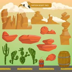 cartoon desert pack with cactus, rocks and cacti