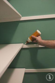 a man is painting the wall with green paint and white shelve shelves behind him