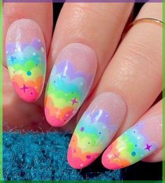 Such Cute nail Flowers - Easy DIY Nails, DIY Spring Nails, Spring Nail Inspo, Flowers for Nails.  TT Credit: Glossy Tipped Trolls Inspired Nails, Nails Inspiration Rainbow, Pastel Rainbow Nails Acrylic, Kids Rainbow Nails, Trolls Nails, Candy Themed Nails, Rainbow Cloud Nails, Nail Art Cute Kawaii, Pansexual Pride Nails