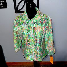 A Traditional Shirt Jacket In All Over Printed Burnout In Bright Floral, 3/4 Roll Tab Sleeve, Perfect For Year Round Wear Casual White Outerwear With 3/4 Sleeves, White Summer Outerwear With 3/4 Sleeve, Casual White 3/4 Sleeve Outerwear, White 3/4 Sleeve Summer Outerwear, Multicolor Vibrant Print Button-up Top, Jacket Brands, Shirt Jacket, Ruby, Womens Tops