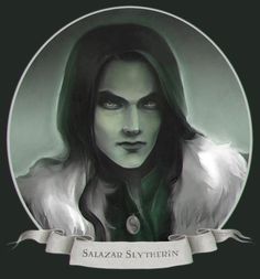 a drawing of a woman with long hair and green eyes in a round frame that says, salazr slytherin