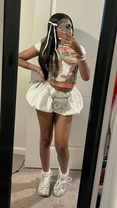 Forth Of July Outfit Ideas Black Women, Streetwear Summer Outfits Black Women, Asics Outfit Black Woman Skirt, White Skirt Birthday Outfit, Balloon Skirt Outfit Black Women, Bustier Top Outfits Black Women, Birthday Fits Aesthetic, Concert Outfit Ideas Sneakers, New York City Outfits Summer Night