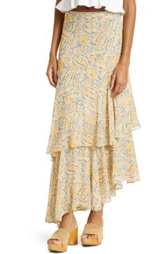 A sunny paisley print swirls all around this silk skirt with a tiered, asymmetric silhouette that swirls all around in the breeze. 32 1/2" to 36 1/2" length (size 8) Hidden side-zip closure Partially lined 100% silk Dry clean Imported Flowy Paisley Print Tiered Skirt, Flowy Tiered Skirt With Paisley Print, Feminine Romantic, Silk Skirt, Veronica Beard, Curator Style, Boho Bohemian, Paisley Print, Blue Yellow