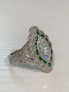 Vintage Platinum CZ and Natural Diamond & Emerald Ring | eBay White Gold Marquise Multi-stone Diamond Ring, Cubic Zirconia Marquise-cut Multi-stone Diamond Ring, Marquise Cut Multi-stone Cubic Zirconia Diamond Ring, Oval Emerald Ring With Pave Setting In Platinum, Multi-stone Cubic Zirconia Marquise Cut Ring, Exquisite Multi-stone Platinum Diamond Ring, Exquisite Multi-stone Diamond Ring In Platinum, Diamond White Marquise Multi-stone Ring, Diamond White Multi-stone Marquise Rings