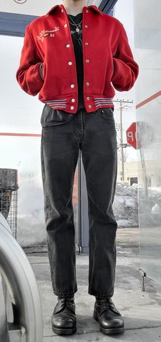 Red And Black Aesthetic Outfit Men, Red Clothing Men, Red Outfits Men Aesthetic, Red Man Outfit, Red And Black Outfits Men Street Styles, Red Varsity Jacket Outfit Men, Red Jacket Outfit Aesthetic, Red Varsity Jacket Outfit, Red Hoodie Outfit Men