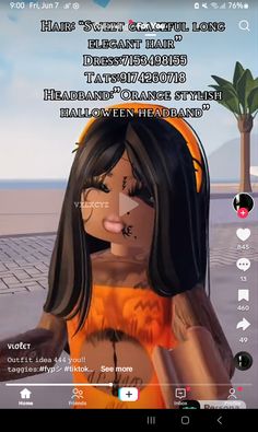 an animated image of a woman with long black hair and orange dress on her chest