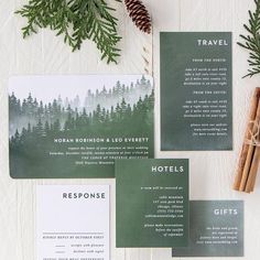 the wedding stationery was designed to match the theme of the mountains and pine trees