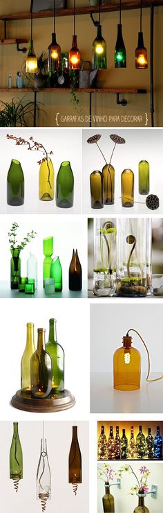 many different colored glass vases and bottles