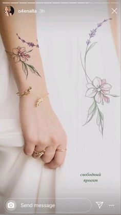 a woman's arm with flowers on it and the words send message written below