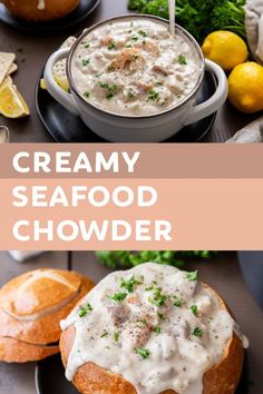 creamy seafood chowder with bread and lemons on the side