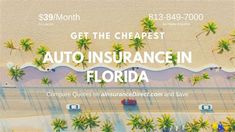 an aerial view of the beach with palm trees and cars on it, text reads get the cheapest auto insurance in florida