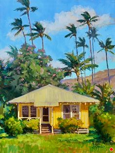 a painting of a yellow house with palm trees in the back ground and mountains in the background