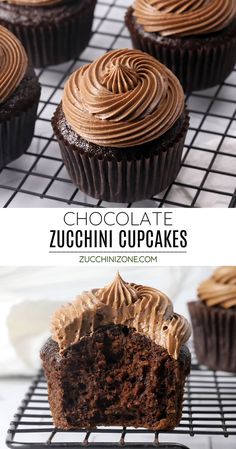 chocolate zucchini cupcakes on a cooling rack with the top one cut in half