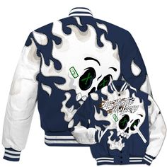 Brand Dunkare Midnight Navy 13s Shirt All Hustle No Lucky Skull All Over Print Baseball Varsity Jacket White Cotton Halloween Outerwear, White Cotton Outerwear For Halloween, Varsity Jacket Men, Baseball Varsity Jacket, Midnight Navy, All Over Print, Varsity Jacket, Mens Jackets, Coats Jackets