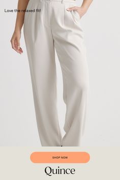 We call these ready-to-wear on repeat. Our Stretch Crepe Pleated Wide Leg Pants look totally tailored with front pleats and long, wide legs for a perfectly draped look. And, you'll love that the recycled poly-spandex blend keeps them relaxed and comfy, too. Dress them up with a blazer or keep them weekend casual with your favorite cashmere sweater.  | Quince | Women's Stretch Crepe Pleated Wide Leg Pants in Sand, Size 10, Recycled Polyester Chic Pleated Bottoms With Tapered Legs, Solid Wide-leg Bottoms With Pleated Waist, Wide Leg Bottoms With Pleated Waist, Chic Relaxed Fit Bottoms With Pleated Waist, Chic Bottoms With Pleated Waist In Straight Cut, Chic Pleated Tapered Leg Pants, Elegant Relaxed Fit Solid Bottoms, Chic Straight Bottoms With Pleated Waist, Elegant Pleated Pants With Relaxed Fit