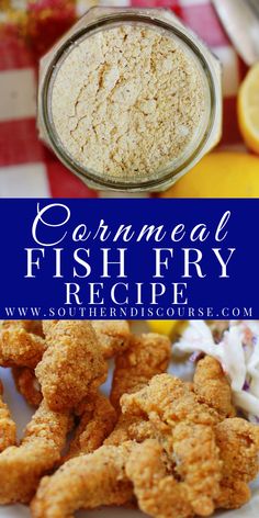 homemade fish fry recipe in a glass jar with lemons and other food on the side