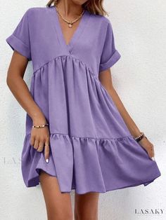 Lasaky - Elegant Solid Color Swing Casual Dress Ruffled Dresses, Dress Summer Casual, Womens Beach Dresses, Beach Holiday Dresses, Dress Sleeve Length, Dress Cake, Holiday Beach, Vestido Casual, Casual Summer Dresses