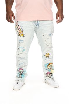 Big And Tall Mushroom  Fashion Jeans - Smoke Rise Mushroom Jeans, Mushroom Fashion, Paint Splatters, Stretchy Jeans, Jean Top, Denim Jacket Women, Big And Tall, Overall Shorts, Ripped Jeans