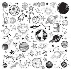 the solar system is drawn in black and white with stars, planets, and other objects