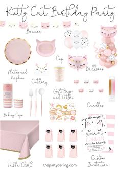 pink kitty birthday party supplies including plates, napkins, cups and utensils