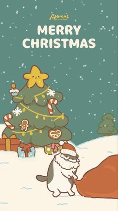 an animated christmas card with a dog and a tree