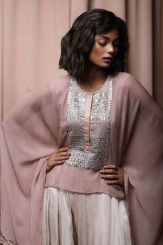 Shop for Nandita Thirani Beige Georgette Embroidered Kaftan Top And Dhoti Pant Set for Women Online at Aza Fashions Elegant Pink Kaftan For Diwali, Embellished Top For Diwali With Traditional Drape, Embellished Pink Georgette Kurta, Pink Embellished Georgette Kurta, Designer Pink Blouse For Eid, Unstitched Designer Tops For Eid, Pink Georgette Blouse For Eid, Festive Pink Straight Kurta Blouse, Wedding Tops With Chikankari Embroidery For Eid