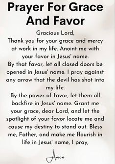 a prayer card with the words, prayer for grace and favors in black on white