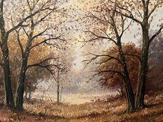 an oil painting of trees in the fall