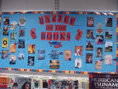 a bulletin board with books on it