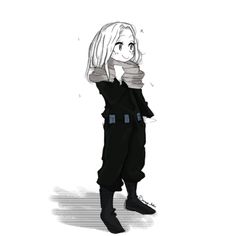 a drawing of a girl with long blonde hair and black pants, standing in front of a white background