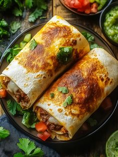 two burritos sitting on top of a plate with salsa and guacamole