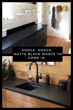 a kitchen with black counter tops and wooden cabinets in the center, next to a sink that has no faucet