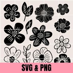 the svg and png flower clipart set is shown in black on a pink background