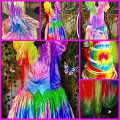 four different pictures of a dress made out of plastic wrappers and paper mache