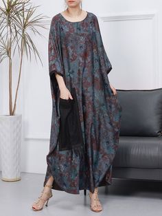 Styles: Elegant Material: Silk Clothing Length: Ankle-Length Sleeve Length: 3/4 Sleeve Collar: Round Neck Decoration: Pocket Pattern: Printed Season: Spring/Fall #caftan #plussize #elegant #coccondress Long Abaya With Pockets, Casual Long Blue Abaya, Blue Long Sleeve Maxi Dress With Pockets, Casual Blue Dresses For Eid, Loose Silk Dress, Blue Caftan, Long Kaftan Dress, Silk Clothing, Eva Dress