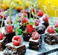 chocolate desserts with raspberries and mint sprinkles on a tray