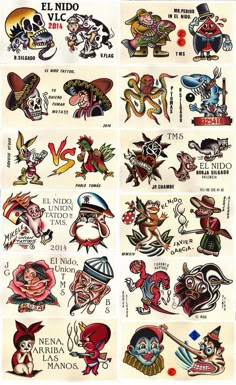 an old school tattoo flash sheet with different designs and colors on it's sides