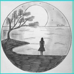 a drawing of a girl standing in front of a body of water with trees on the shore