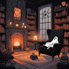 a living room decorated for halloween with a ghost on the chair and bookshelves