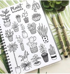 a notebook with plants drawn on it next to two pens and a potted plant