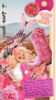 a collage of pink boots and flowers with words written on the bottom right corner