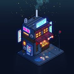 an illustration of a small building with neon lights