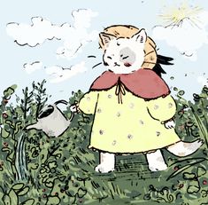 a drawing of a cat wearing a yellow dress and holding a watering can in the grass