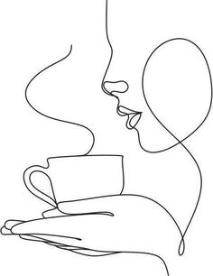 a line drawing of a woman holding a coffee cup