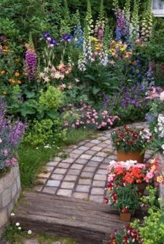 a garden filled with lots of different types of flowers and plants in pots on top of bricks