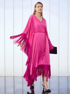 Hot Pink Elegant,Party Collar Extra-Long Sleeve Woven Fabric Plain Tunic Embellished Non-Stretch Fall Women Clothing Fringe Kaftan, Plain Tunic, Extra Long Sleeves, Maxi Dress Cocktail, Elegant Party, Kaftan Dress, Women Long Dresses, Inspiration Mode, Design Floral