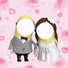 two paper dolls are standing next to each other on a pink background with hearts and stars