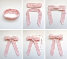 four pictures show how to tie a pink headband with crochet and yarn