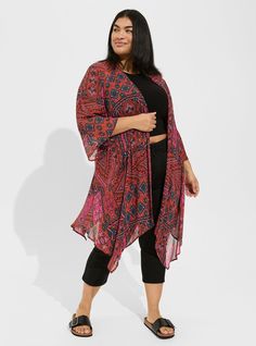 Chiffon Gauze Hanky Hem KimonoPlus Size Chiffon Gauze Hanky Hem Kimono, YUMA PATCHWORK GEO